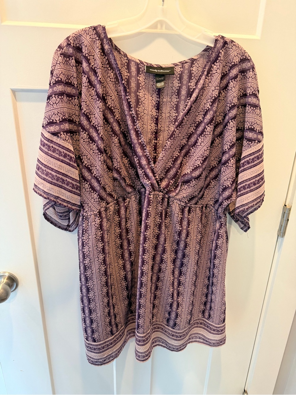 Wendy Bellissimo Purple Boho Print Empire Waist Tunic Dress Size Large